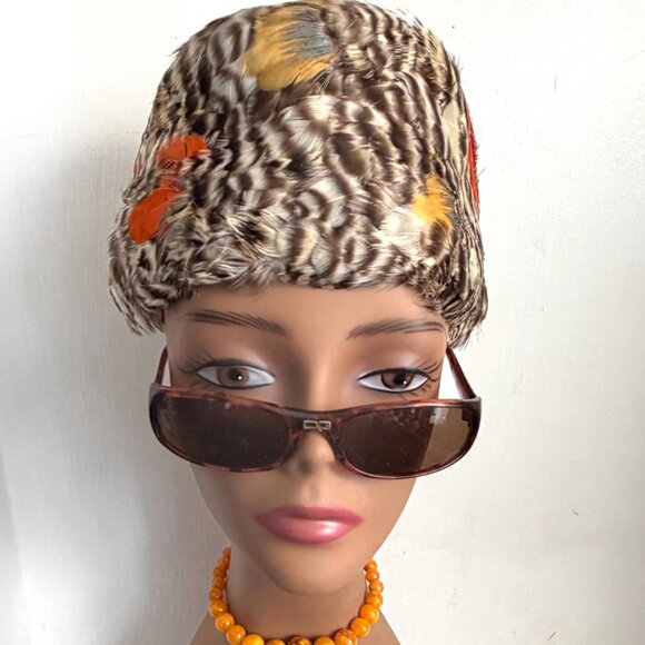 Vintage 60s Italy Pillbox Toque Quail Feathers Brown Striped Color Pop Hat 22\